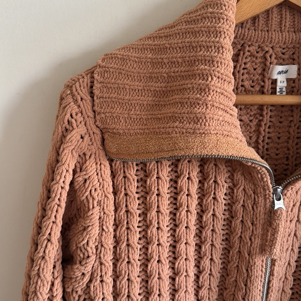 Aerie cable car oversized knit sweater quarter 1/4 zip soft oversized tan size S - Picture 4 of 7